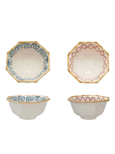 Four octagonal ceramic bowls with decorative patterns on a white background