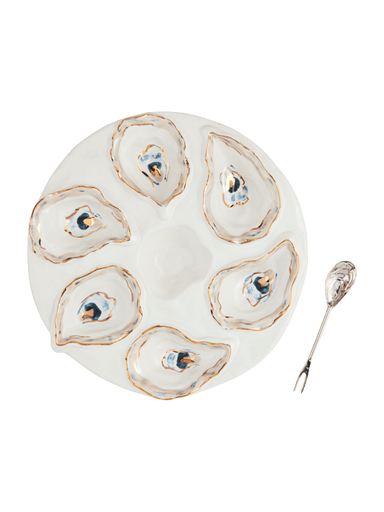 Decorative oyster serving plate with serving spoon and fork coastal chic 