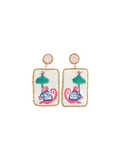 square beaded pink monkey earring