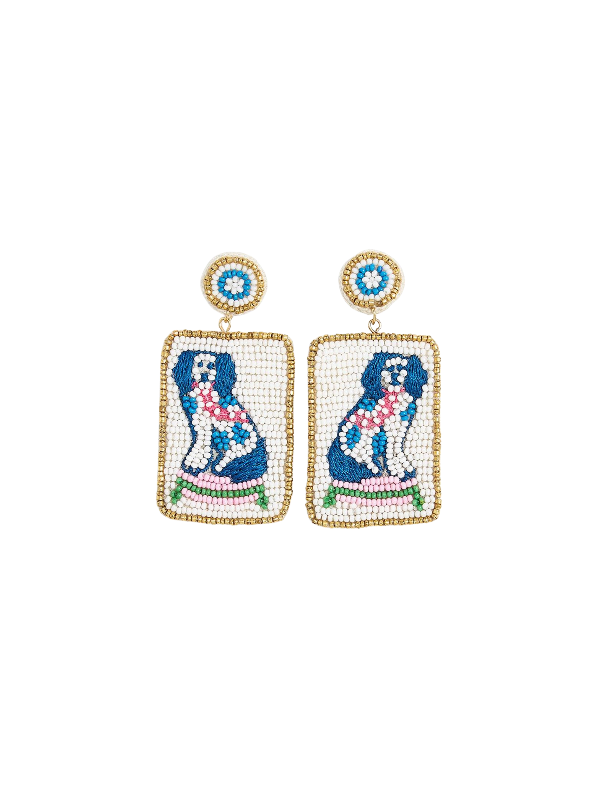 square beaded blue dog earrings 