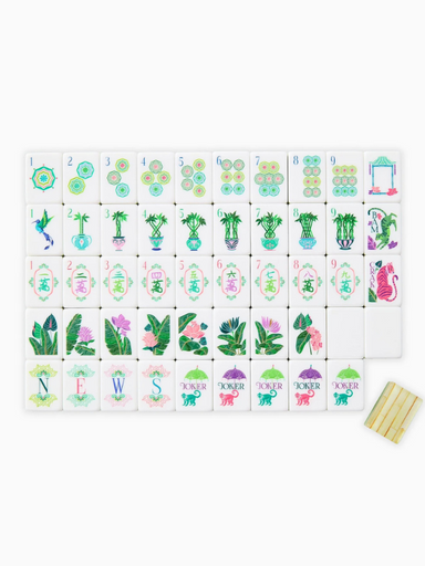 Set of mahjong tiles with floral designs 