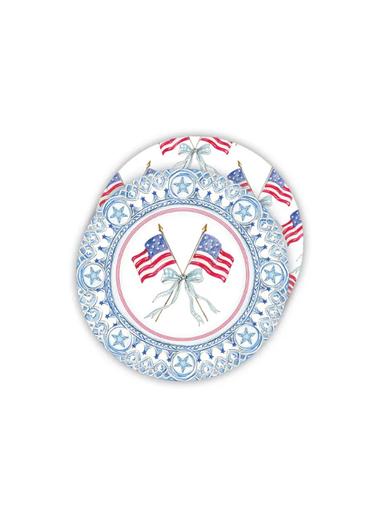 Patriotic Blue Crossed Flags with Bow Round Handpainted Coasters