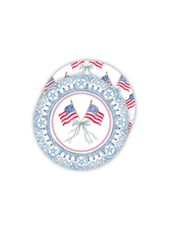 Patriotic Blue Crossed Flags with Bow Round Handpainted Coasters