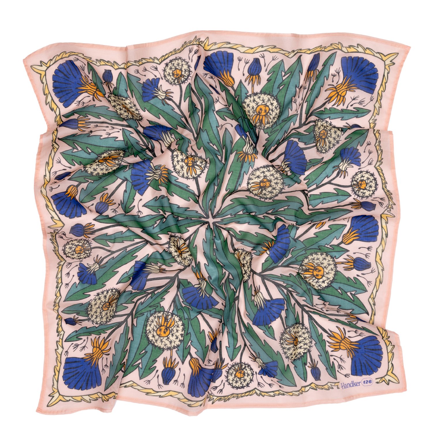 Floral patterned scarf with blue and green design on a beige background