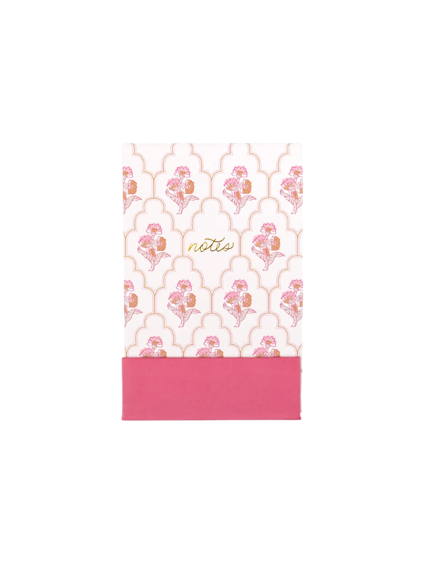 A rectangular notebook or journal with a white cover featuring a pink floral trellis pattern and a solid pink bottom band, with the brand name 'notte' printed in gold near the center.