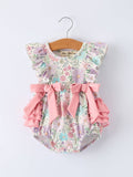 Floral baby romper with pink ruffles and bows