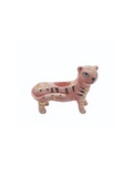 A pink ceramic match holder in the shape of a tiger with gold stripes 