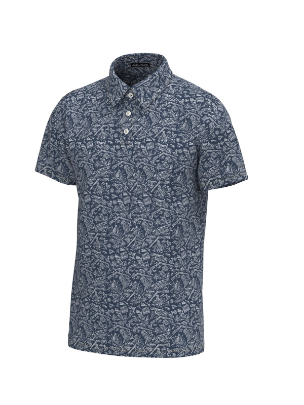 gun, bird and dog pattern on a blue polo shirt 