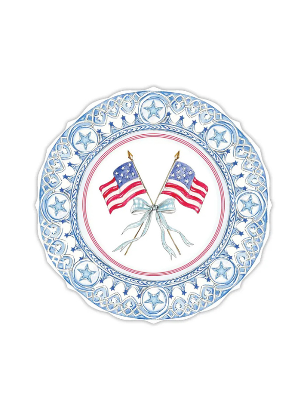 Posh Die-Cut Placemat- Patriotic Plate Light Blue Crossed Flags With Bow