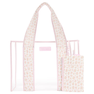 Floral-patterned tote bag with a smaller matching pouch on a white background