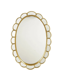 An oval wall mirror with a decorative gold scalloped metal frame