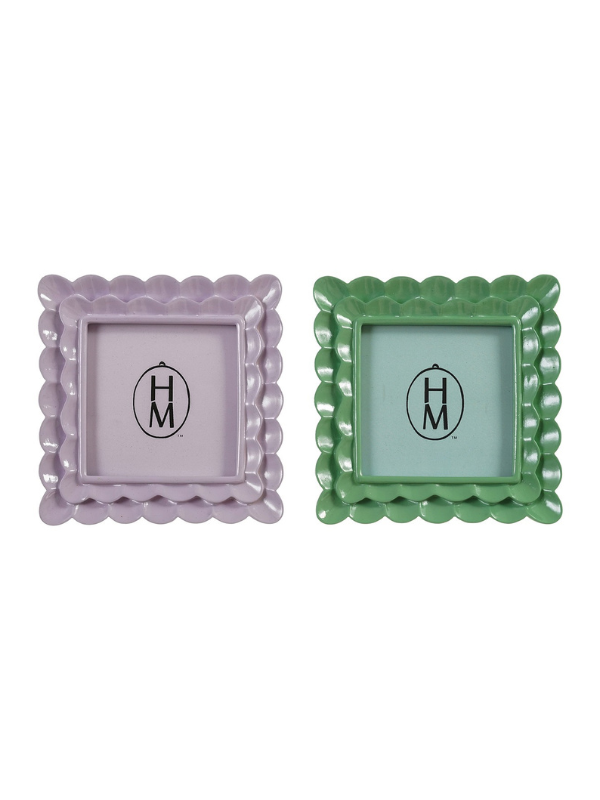 Two decorative square picture frames with scalloped edges, one in light purple and one in green