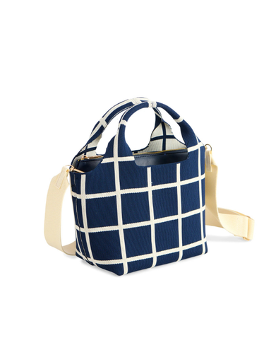 Blue and white plaid purse