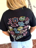 A black graphic T-shirt with multiple colorful athletic logos in the SEC