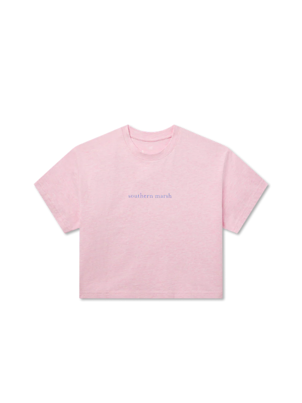 Pink t-shirt with 'southern marsh' text on a white background