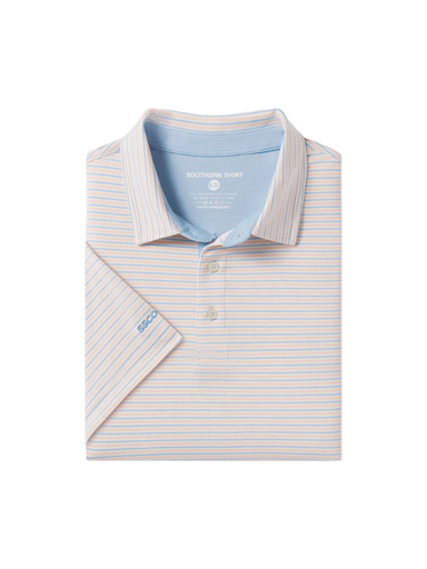 orange and blue striped polo shirt 