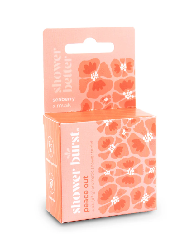 Pink floral packaging with 'Shower Burst' branding on a white background