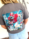 A dark gray t-shirt with a large graphic print of a football player in a red uniform and the text 'SIC 'EM GO DAWGS!'.