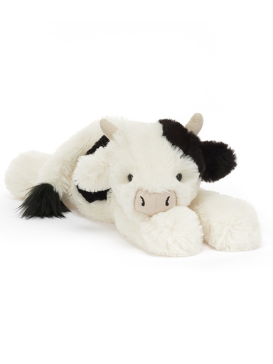 Plush cow jellycat toy with black spots on a white background