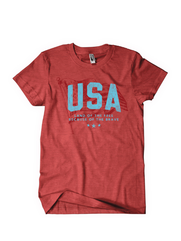 A red crew neck t-shirt with 'USA' printed in blue letters on the front.