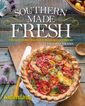 Cookbook cover of 'Southern Made Fresh' with a pie and kitchen utensils on a wooden surface.