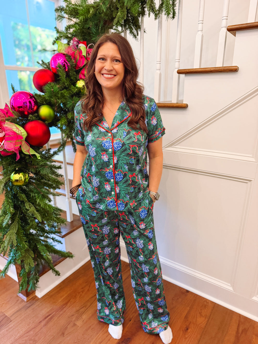 Green, red and blue spruce pj set 