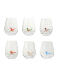 Six clear stemless wine glasses arranged in two rows of three, each decorated with a small colorful hand blown bird on the inside