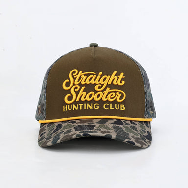 Brown and camouflage cap with 'Straight Shooter Hunting Club' text 