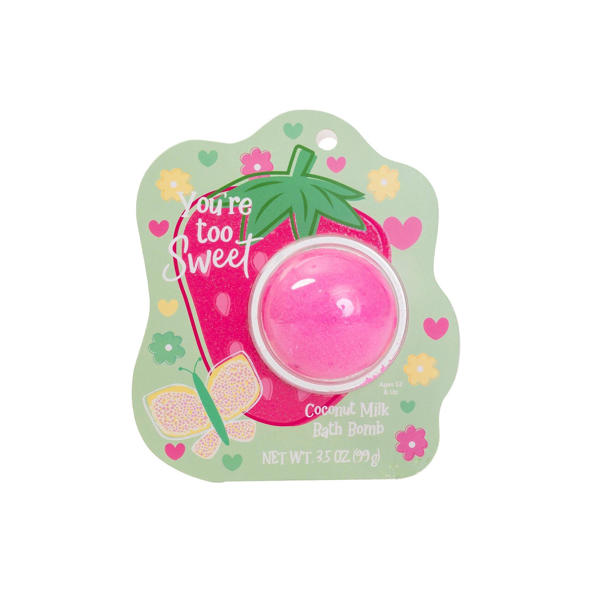 Pink bath bomb with packaging that says "You're too sweet"