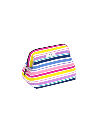 Colorful striped makeup and toiletry bag with zipper closure 