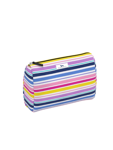 Colorful striped makeup and toiletry bag with zipper closure