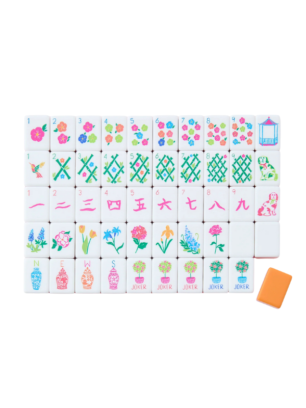 Set of colorful mahjong tiles with various designs