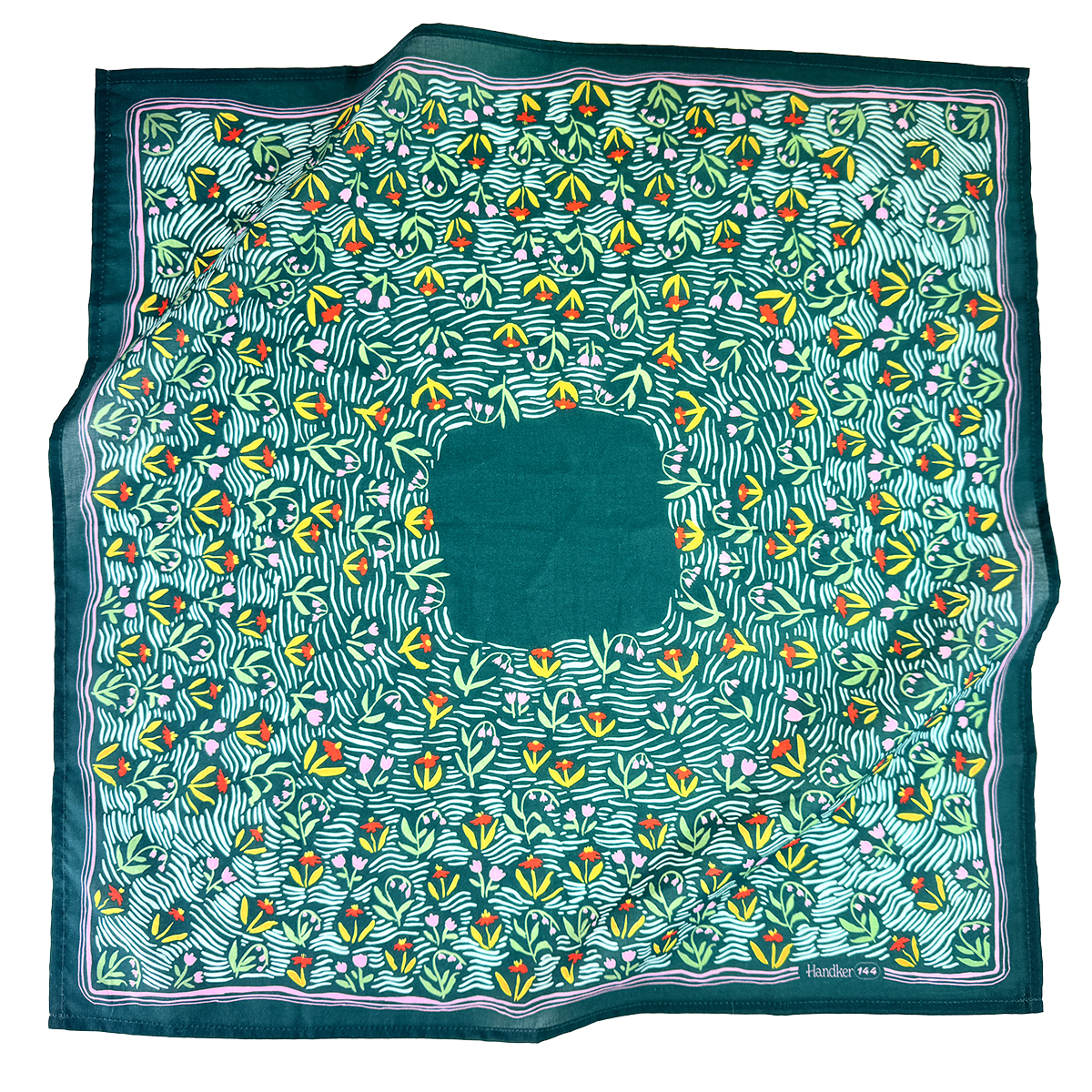 Green patterned bandana with colorful floral design on a white background