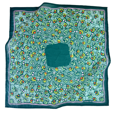 Green patterned bandana with colorful floral design on a white background