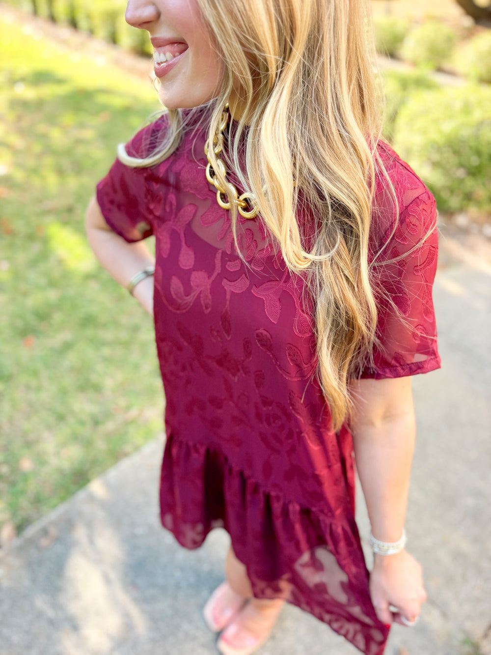 The Floral Jacquard Tie-Neck Mini Dress in Burgundy (S-L)