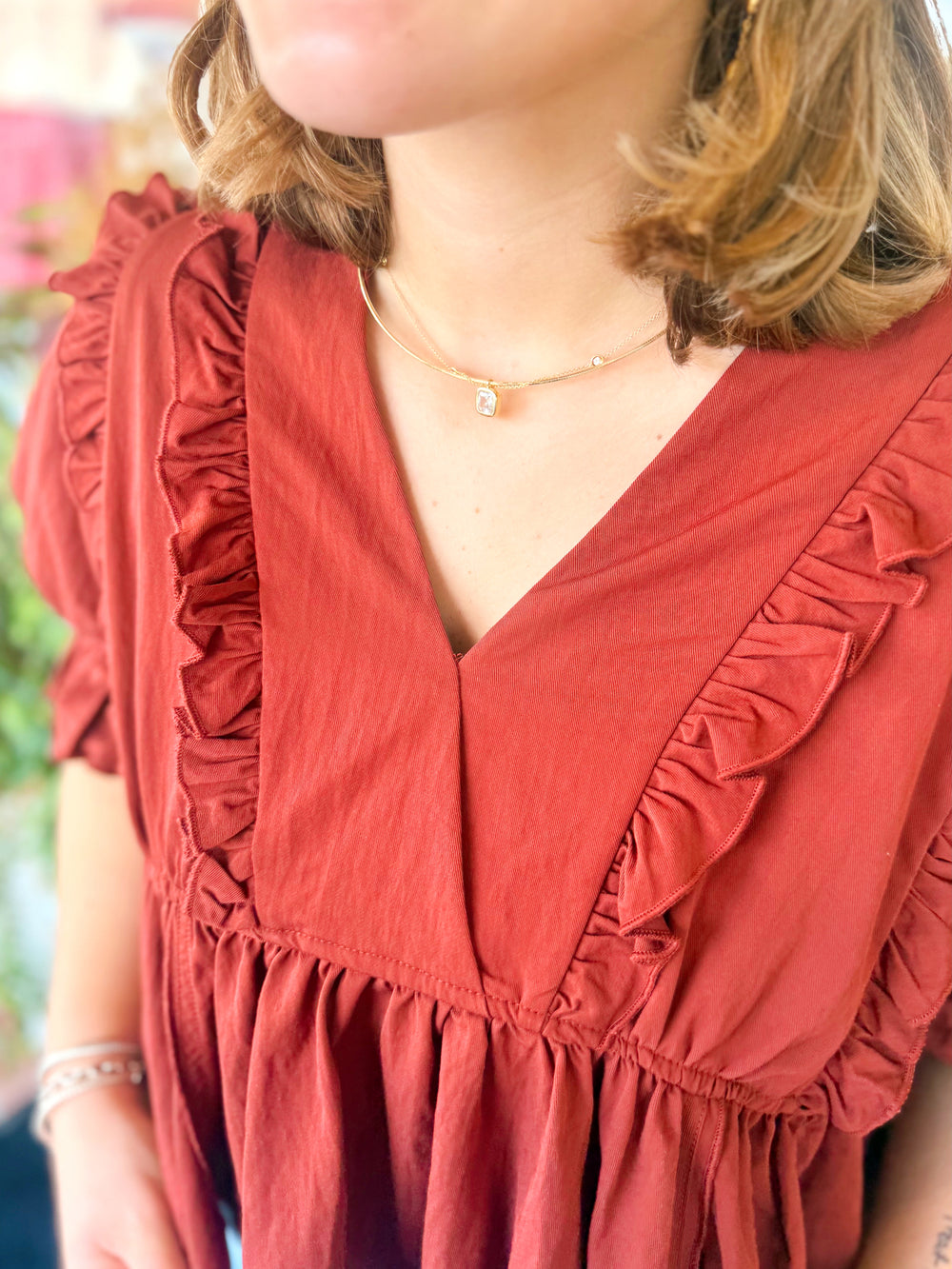 The Nellie Ruffle Trim Top in Brick (S-L)