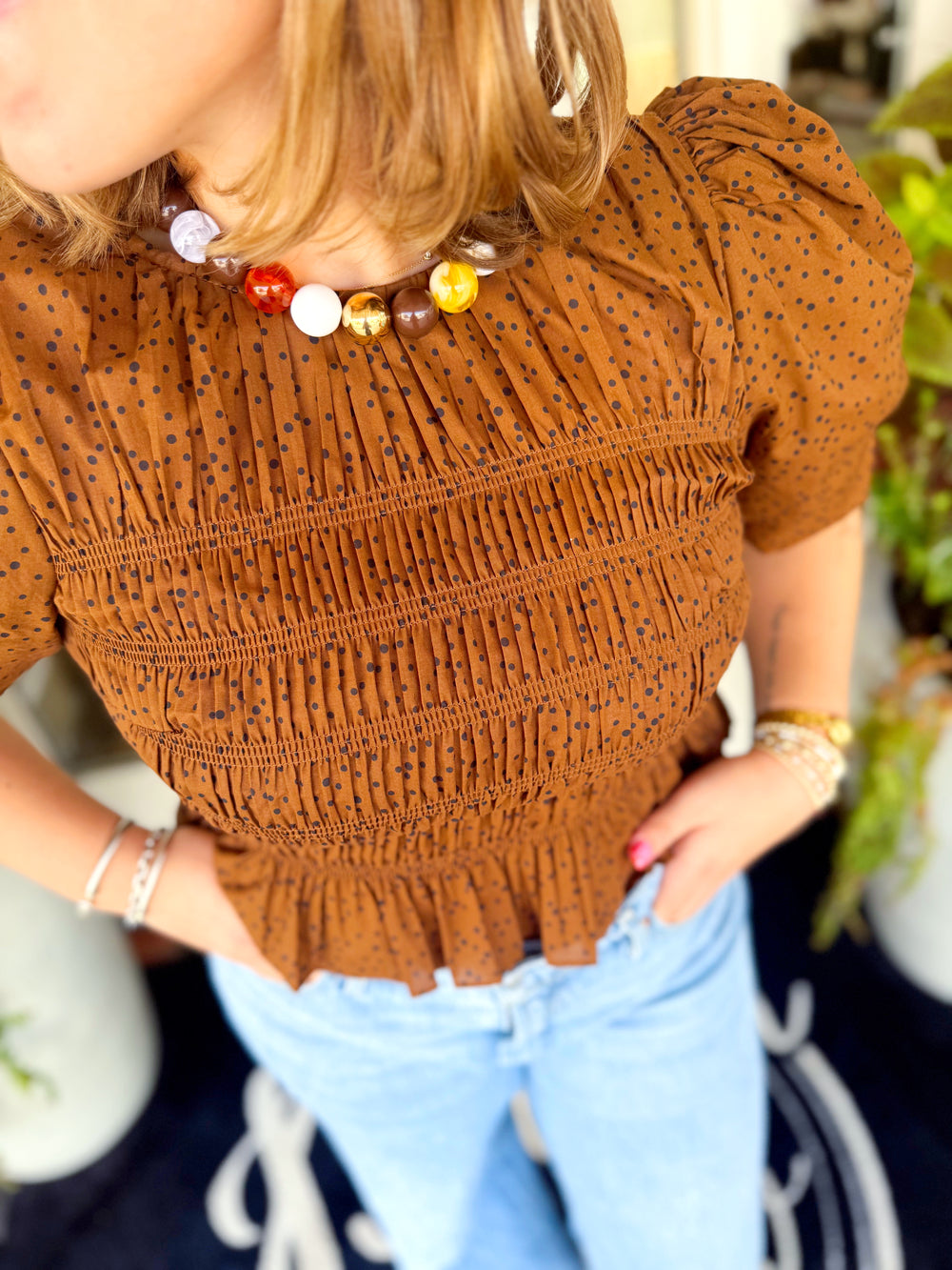 The Ellie Smocked Polka Dot Top (S-L)
