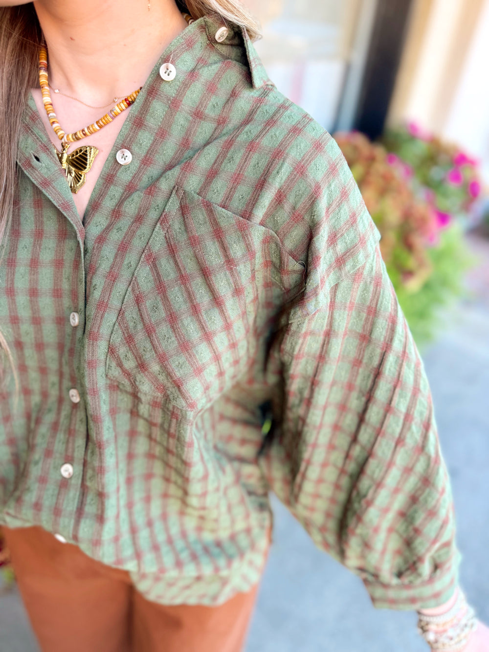 The Willa Plaid Oversized Top in Olive (S-L)