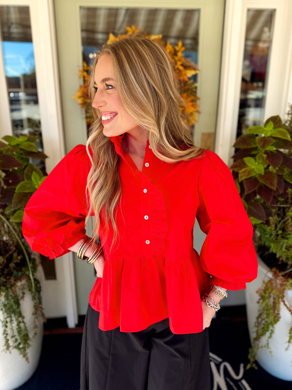 The Samantha Ruffle Peplum Top in Red (S-L)