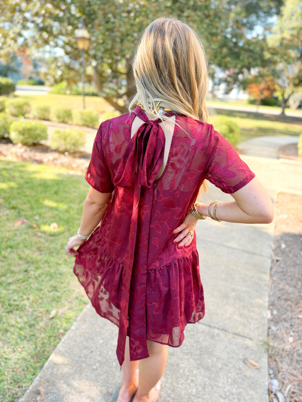 The Floral Jacquard Tie-Neck Mini Dress in Burgundy (S-L)