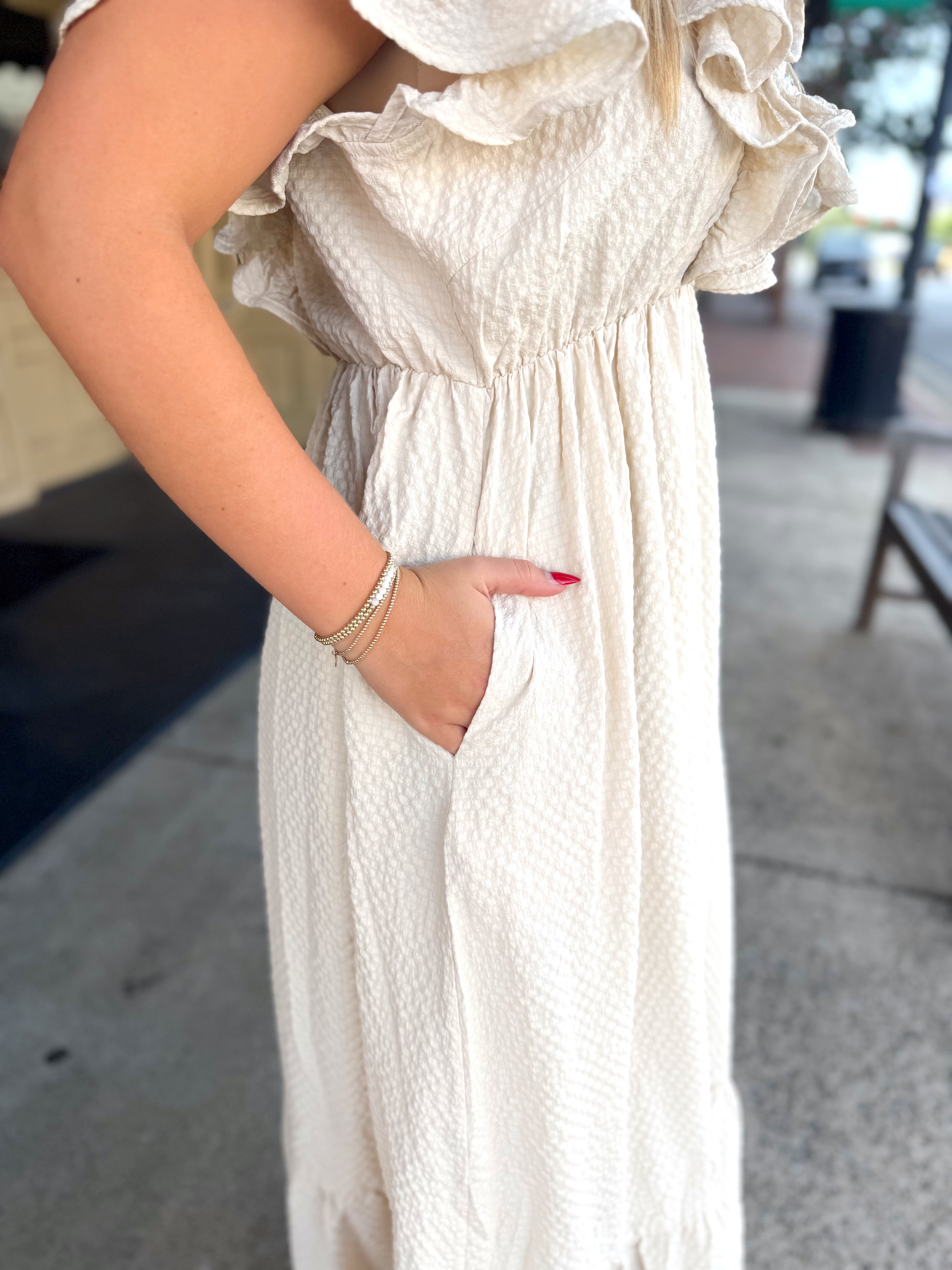 The Candace Cream V-Neck Ruffle Midi Dress (S-L)
