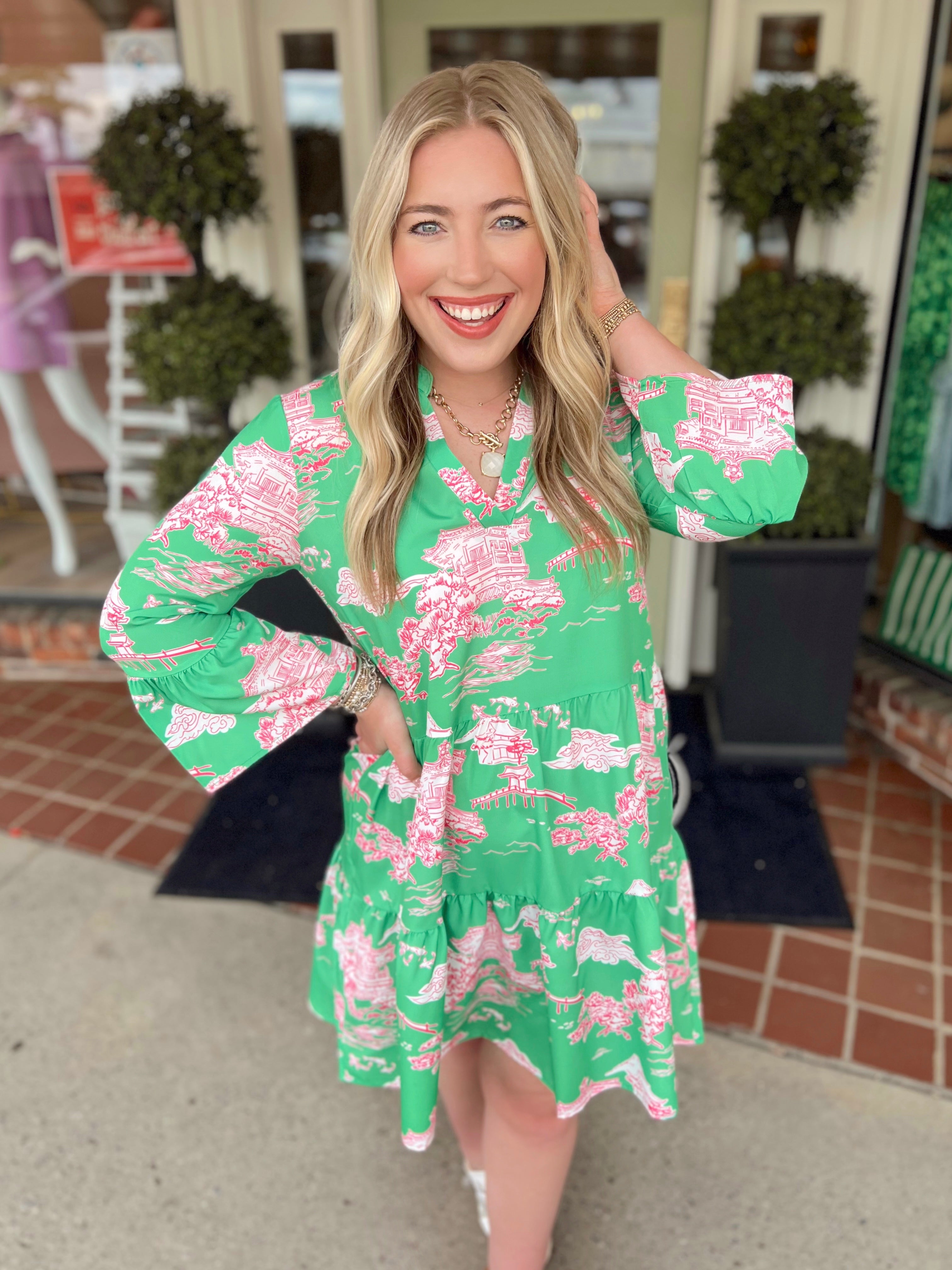 The Violet Dress in Green and Pink Pagoda