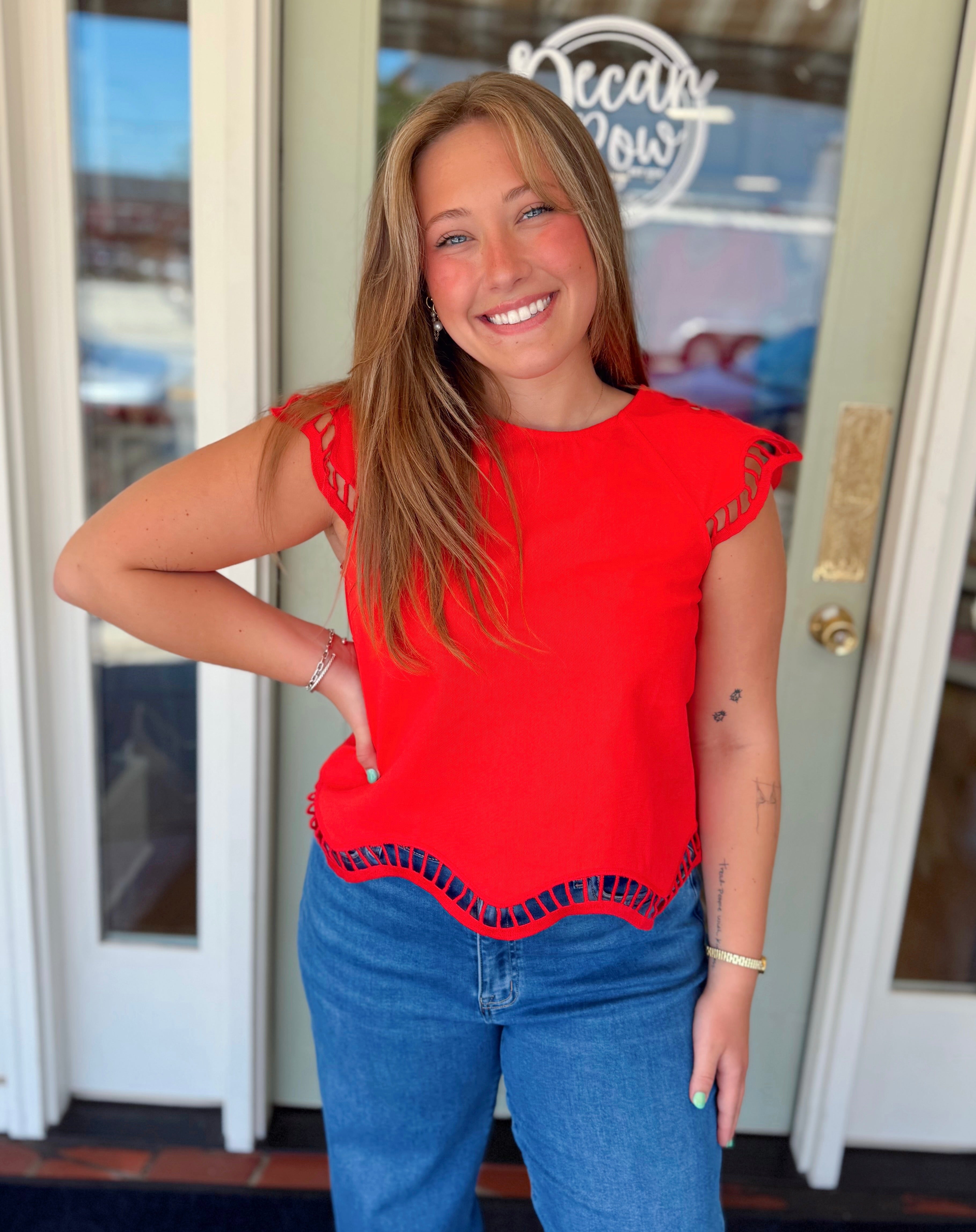 The Poppy Lane Red Eyelet Trim Top