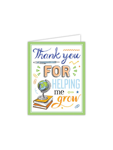 Greeting card with 'Thank you for helping me grow' text and educational illustrations on a white background.