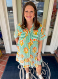 Green and white striped mini dress with floral print and front pockets