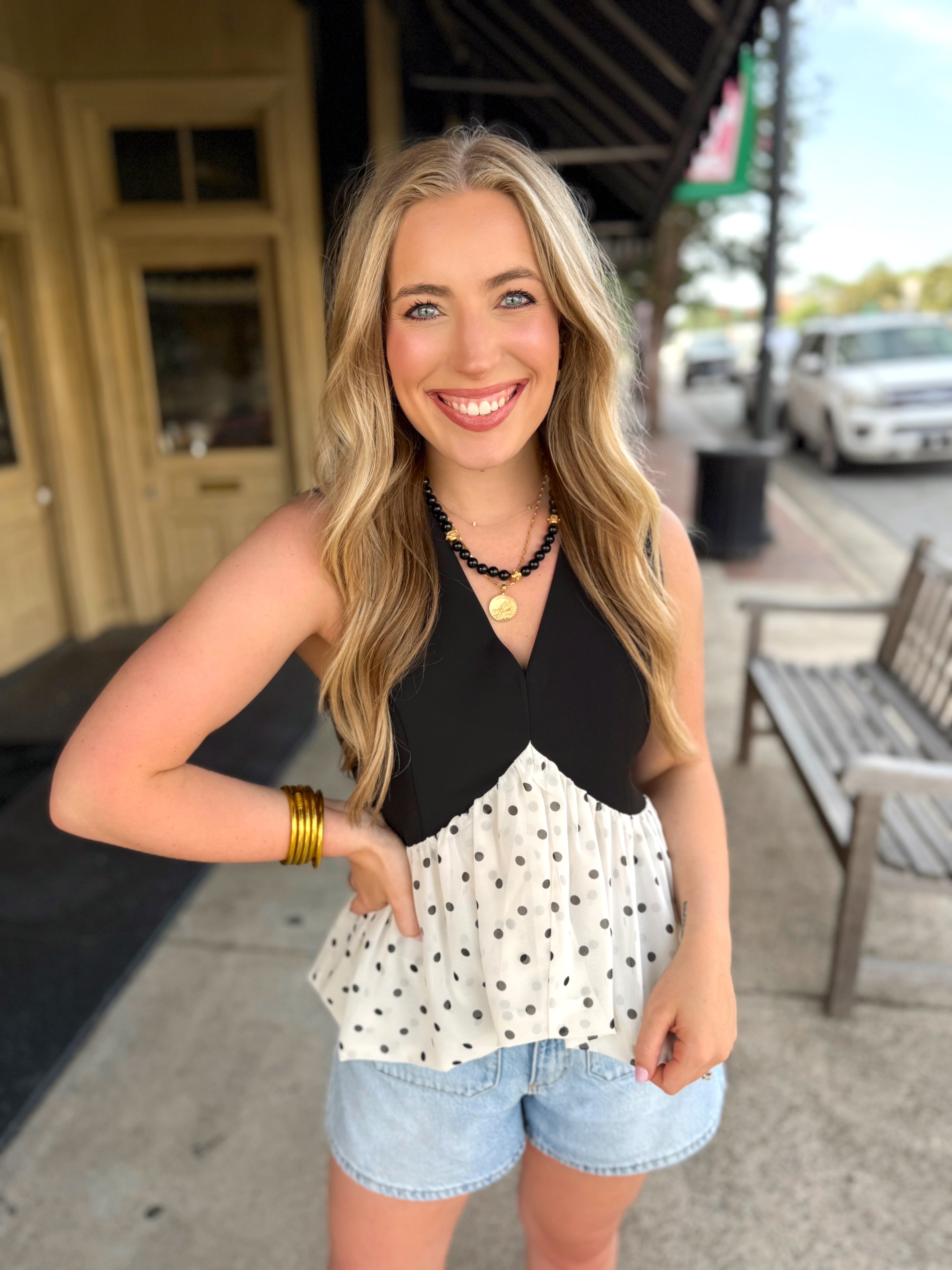 Black and white polka dot top