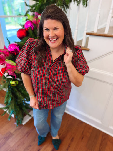 red and green plaid ruffle trimmed neck top 