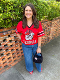 A sparkly short-sleeve Georgia football jersey tee with a large bulldog graphic and 'GEORGIA' text.
