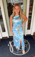 floral blue satin dress
