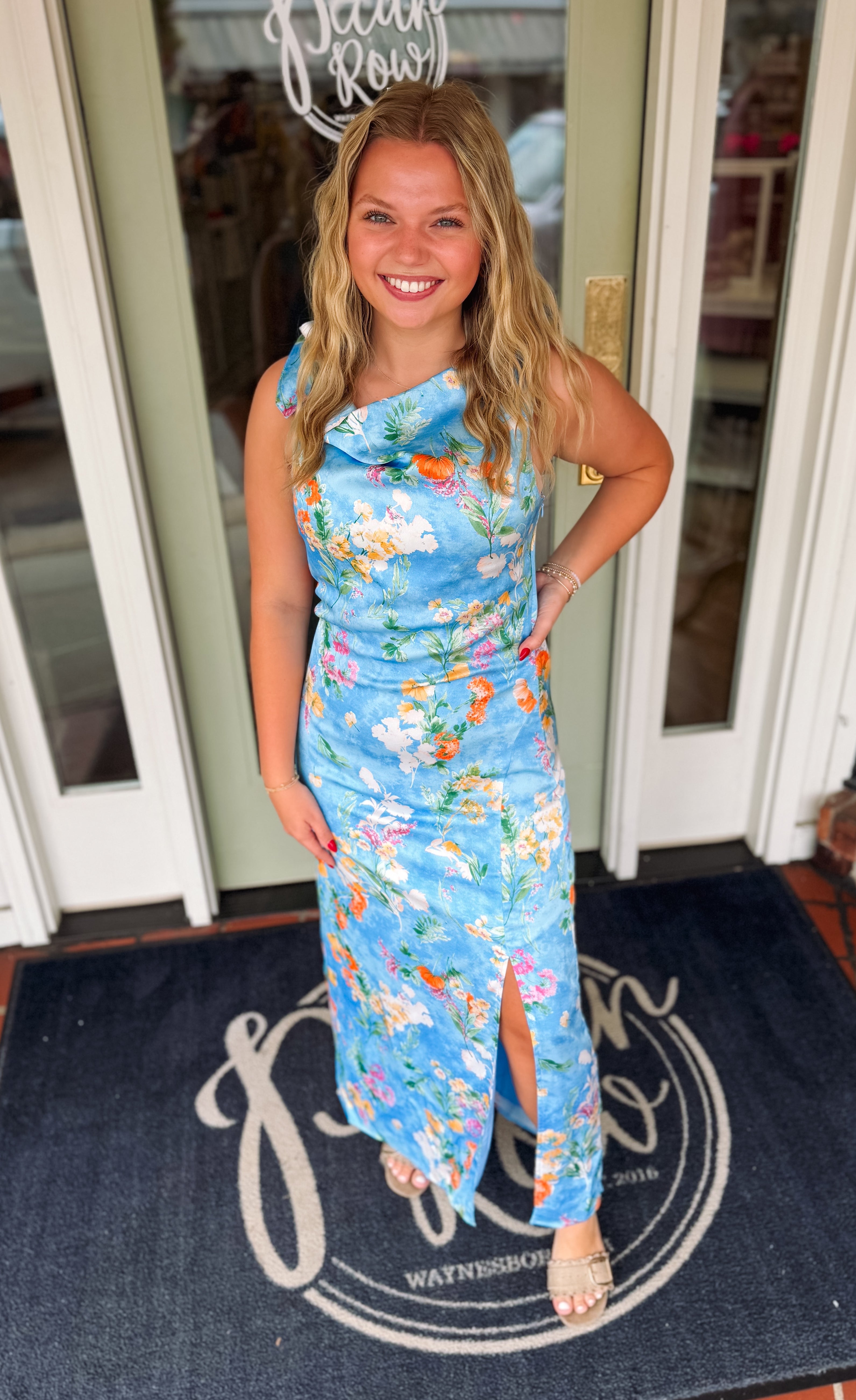 floral blue satin dress
